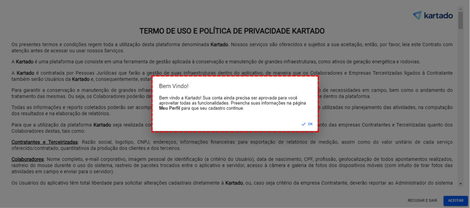 Captura de tela: Tela do termo de uso e política de privacidade mensagem de aprovação de conta.