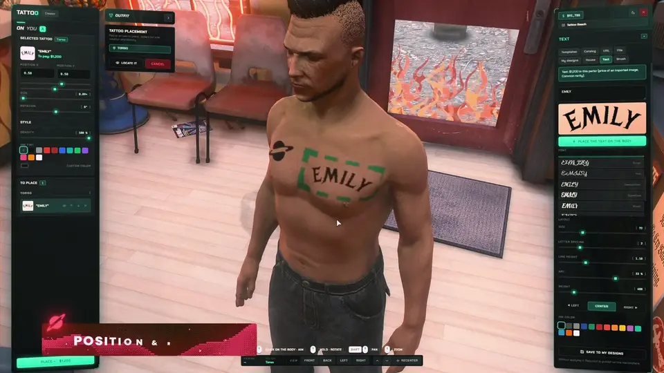 Custom tattoo lettering position and size controls