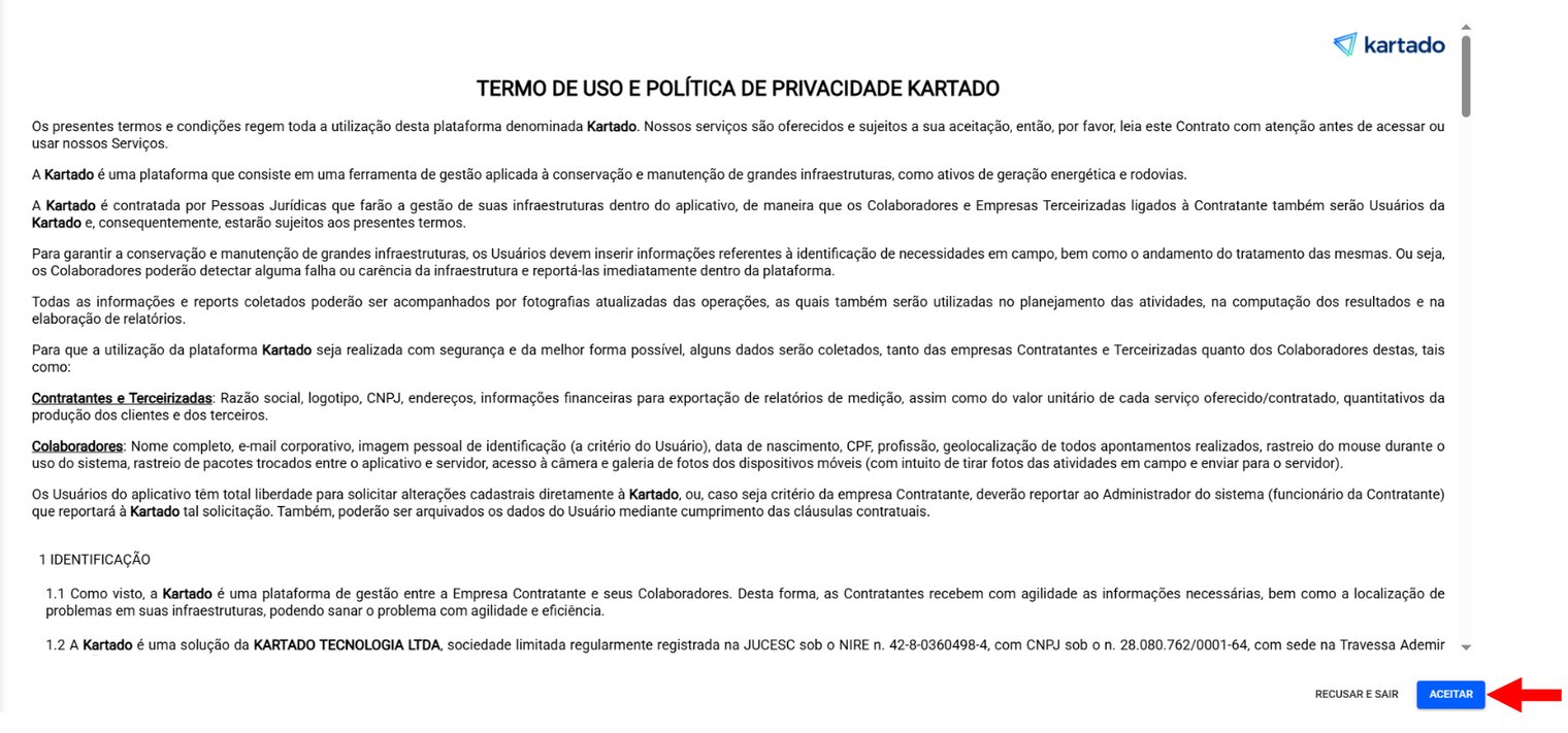 Captura de tela: Tela do termo de uso e política de privacidade.