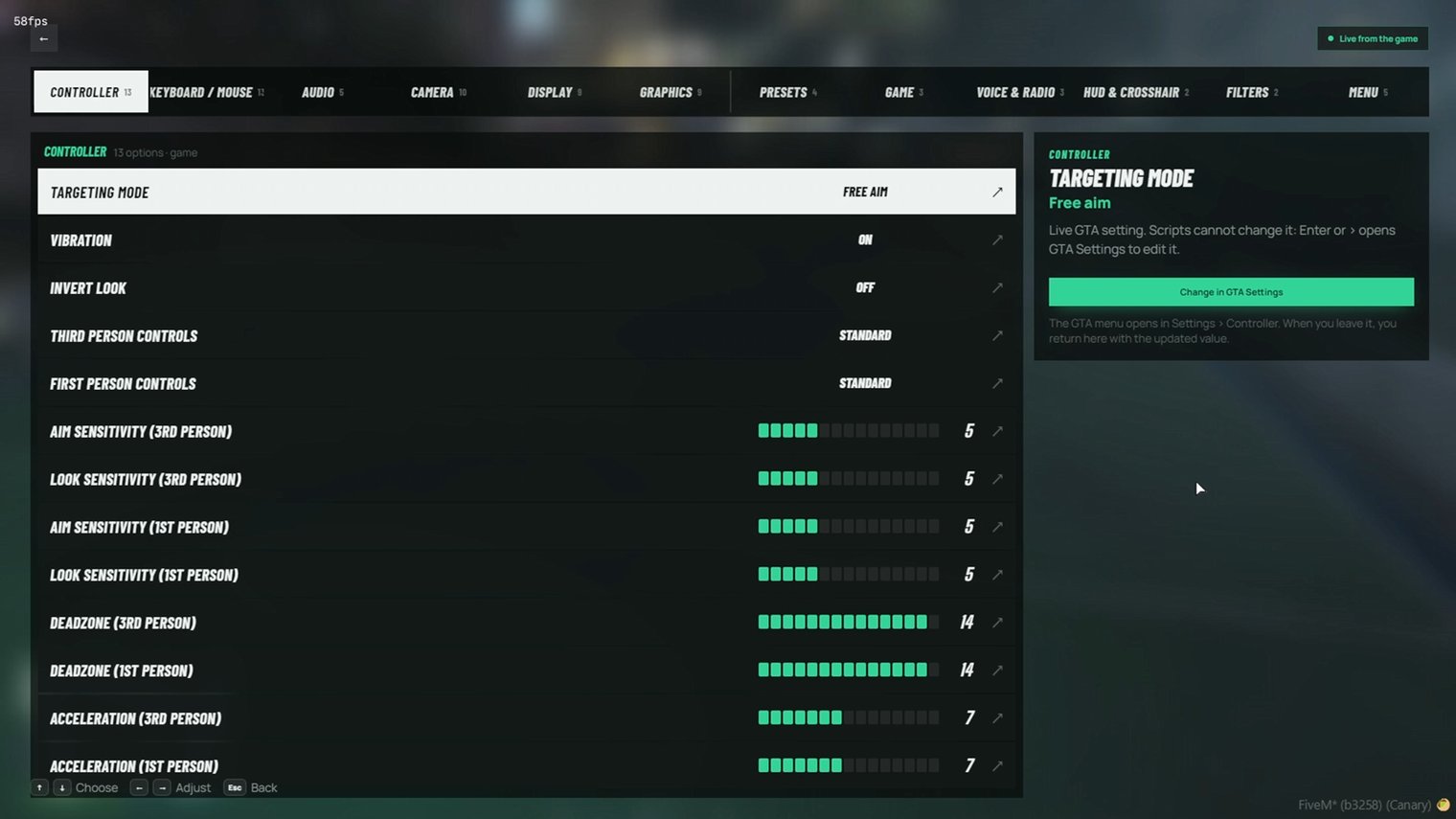 Pause menu settings