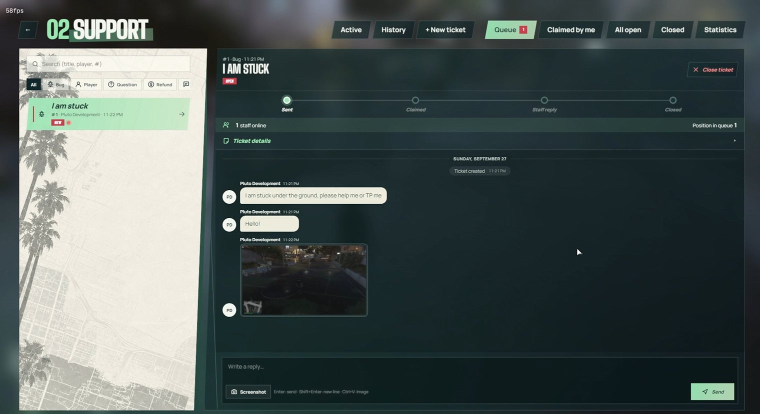 In-game support tickets